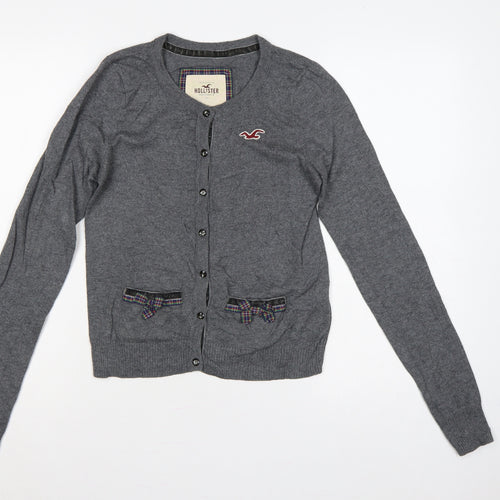 Hollister Women Grey M Button Cardigan Bow Logo Cotton Knit