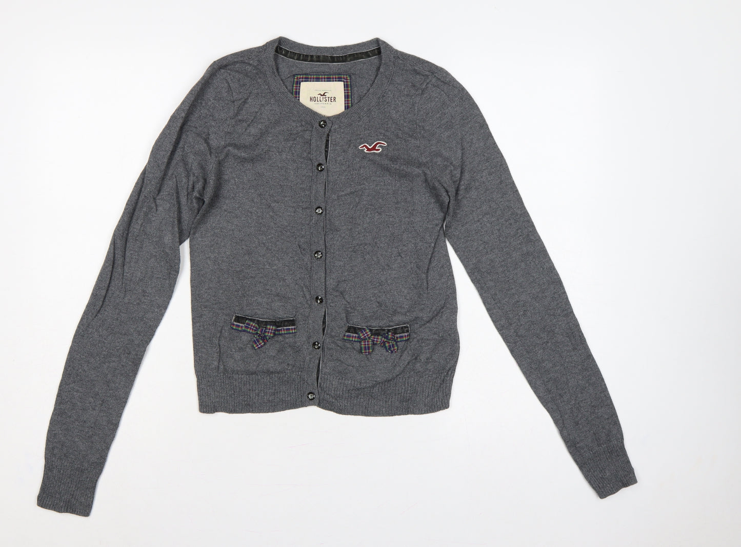 Hollister Women Grey M Button Cardigan Bow Logo Cotton Knit