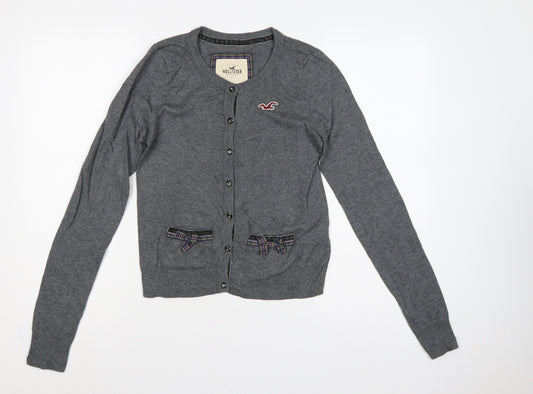 Hollister Women Grey M Button Cardigan Bow Logo Cotton Knit