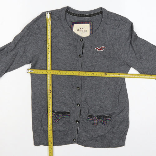 Hollister Women Grey M Button Cardigan Bow Logo Cotton Knit