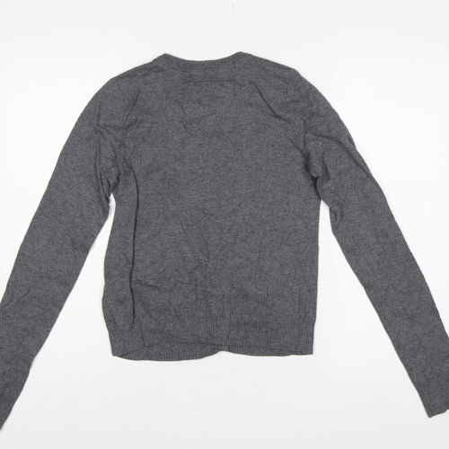 Hollister Women Grey M Button Cardigan Bow Logo Cotton Knit