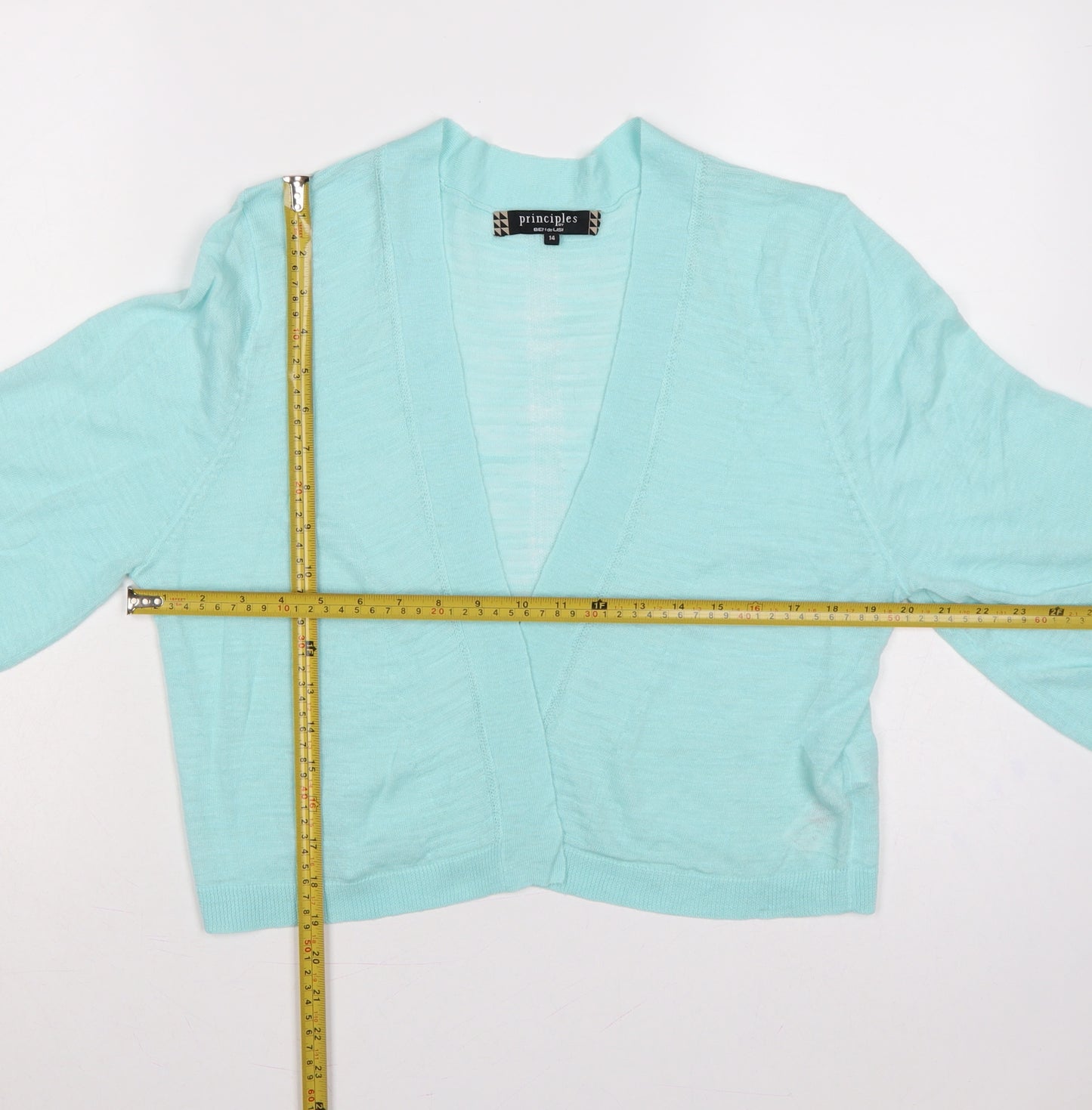 Principles Women Blue Size 14 Open Knit 3/4 Sleeve Cardigan