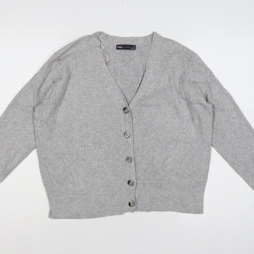 Marks and Spencer Women Grey Size 12 Rib Knit V-Neck Cardigan