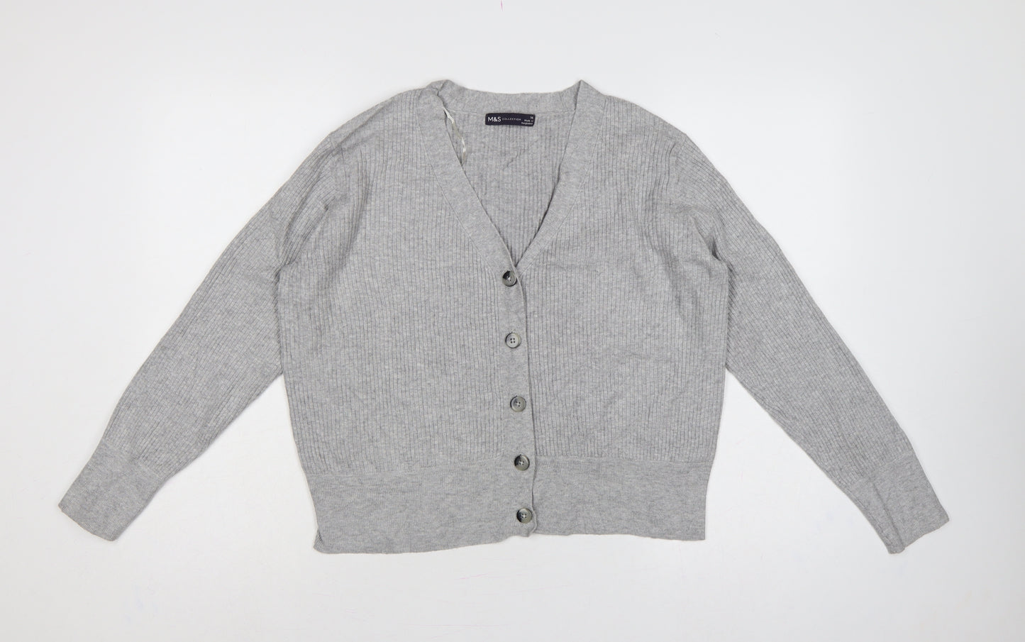 Marks and Spencer Women Grey Size 12 Rib Knit V-Neck Cardigan