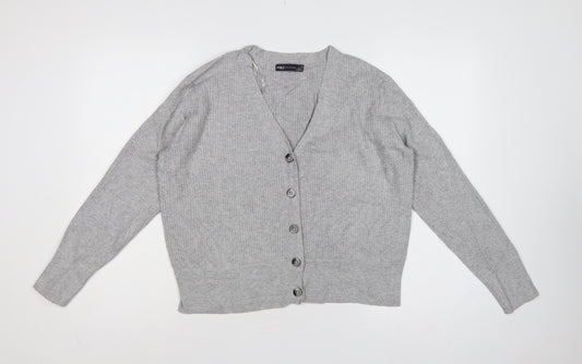 Marks and Spencer Women Grey Size 12 Rib Knit V-Neck Cardigan