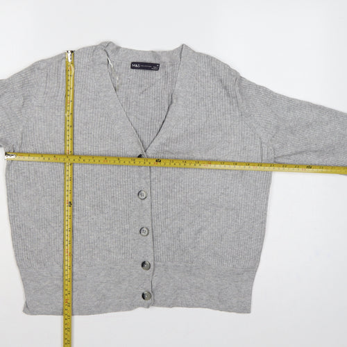 Marks and Spencer Women Grey Size 12 Rib Knit V-Neck Cardigan