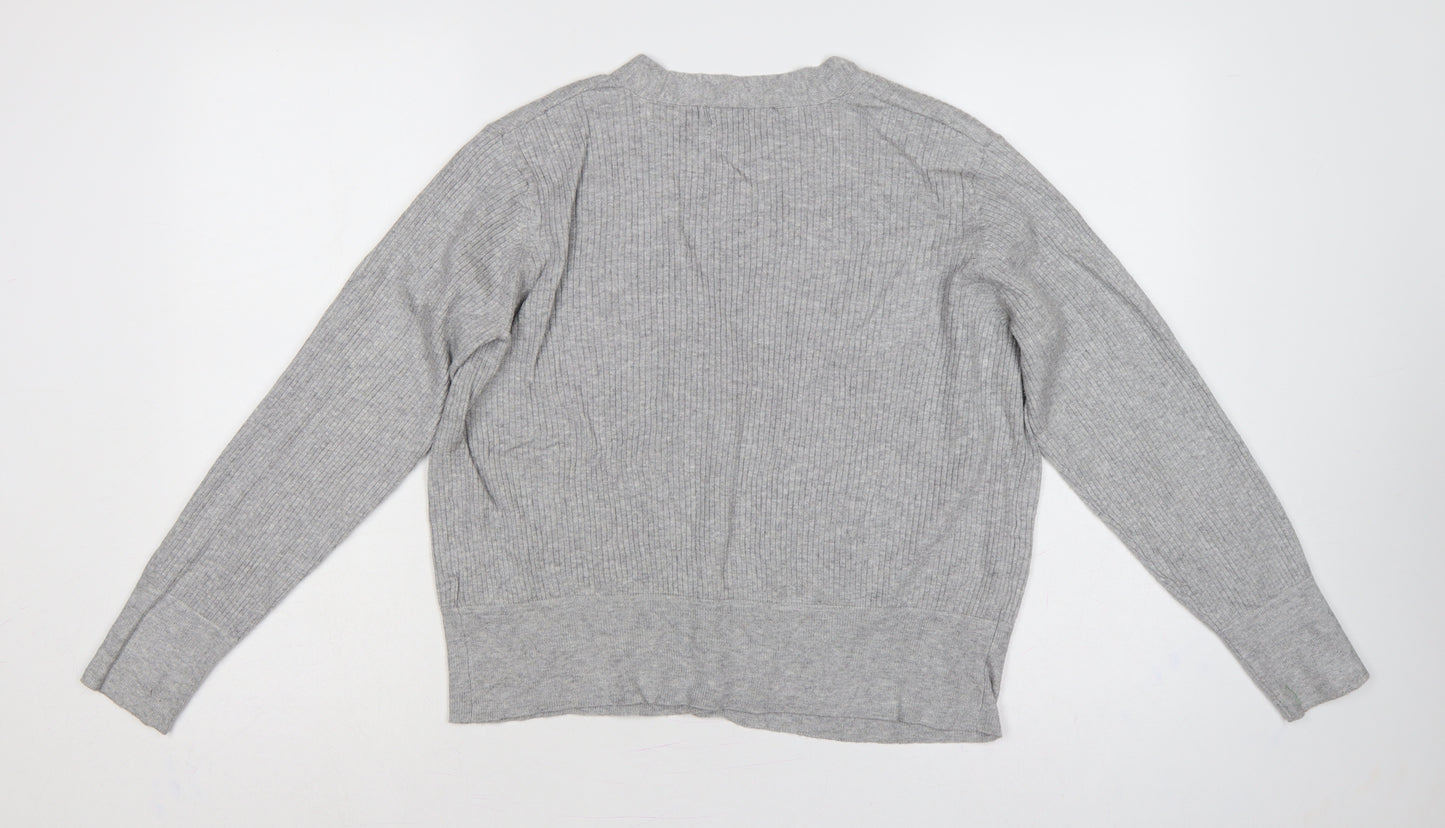 Marks and Spencer Women Grey Size 12 Rib Knit V-Neck Cardigan