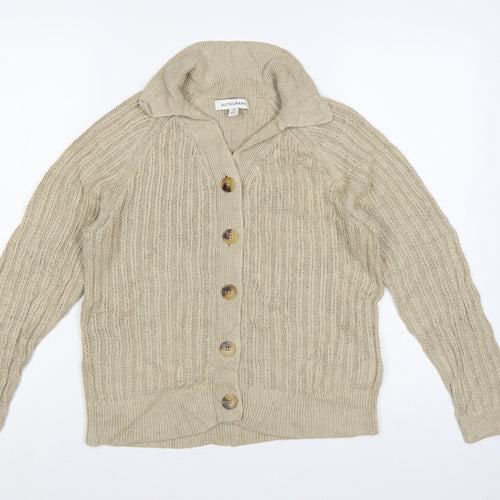 M&S Autograph Women Beige Size 14 Linen Cable Knit Roll Neck Cardigan