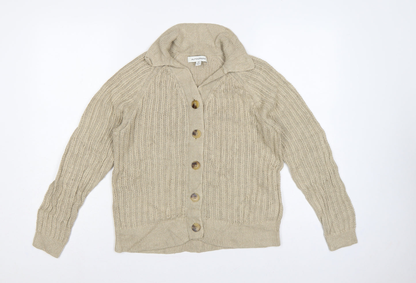 M&S Autograph Women Beige Size 14 Linen Cable Knit Roll Neck Cardigan