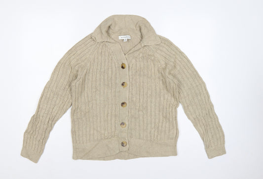 M&S Autograph Women Beige Size 14 Linen Cable Knit Roll Neck Cardigan