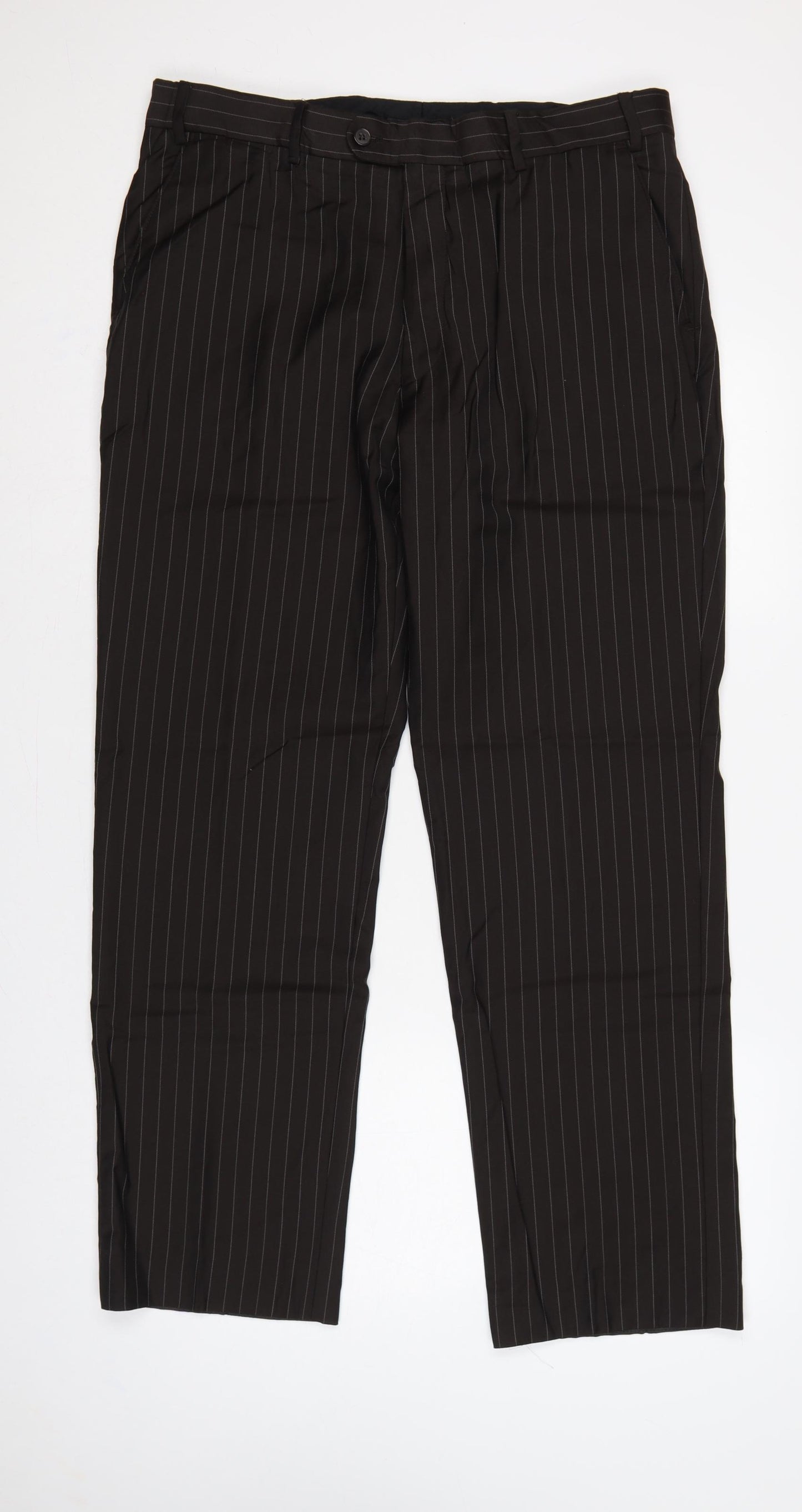 Jeff Banks Men’s Black Pinstripe Wool Pleated Dress Trousers 36 Regular