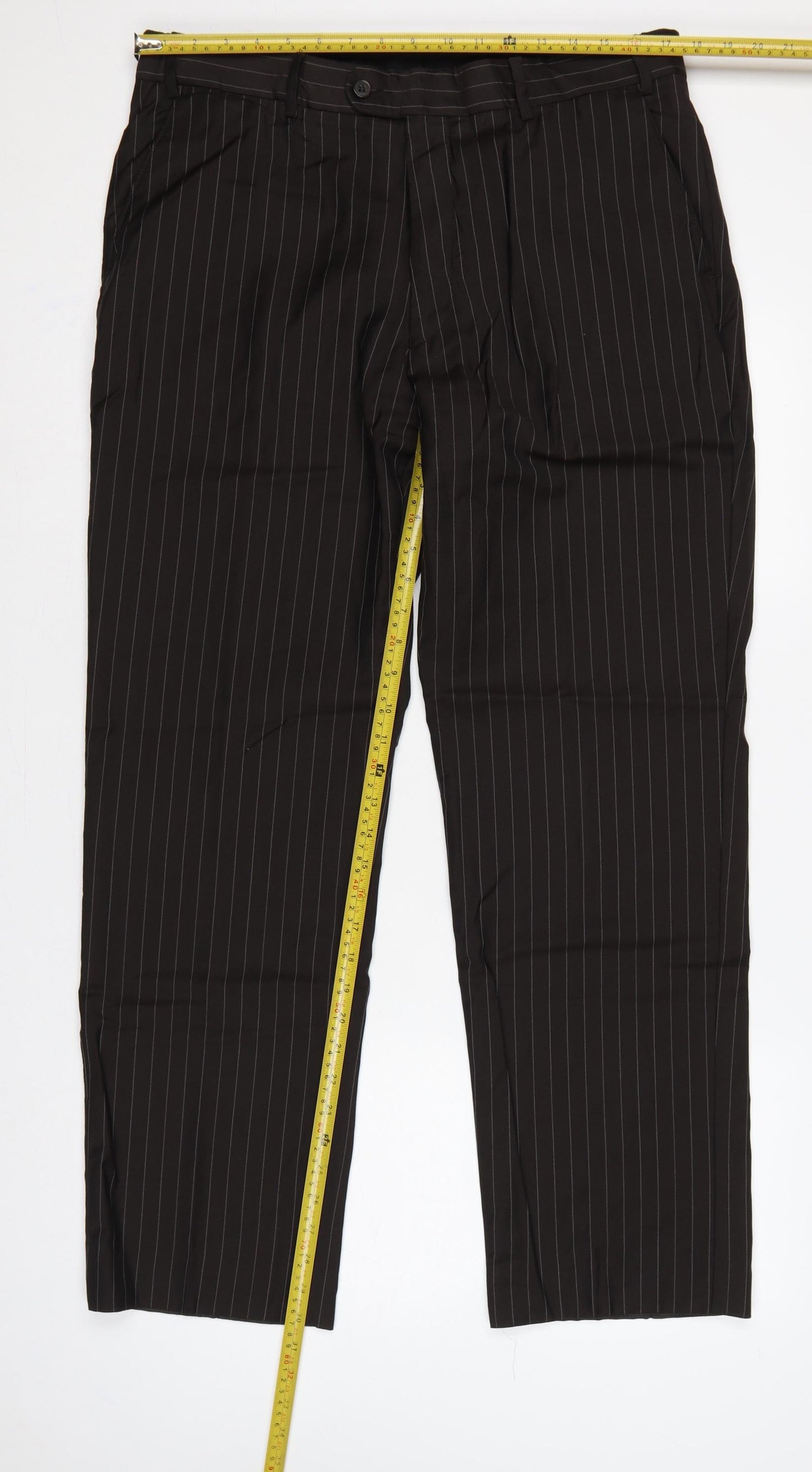 Jeff Banks Men’s Black Pinstripe Wool Pleated Dress Trousers 36 Regular