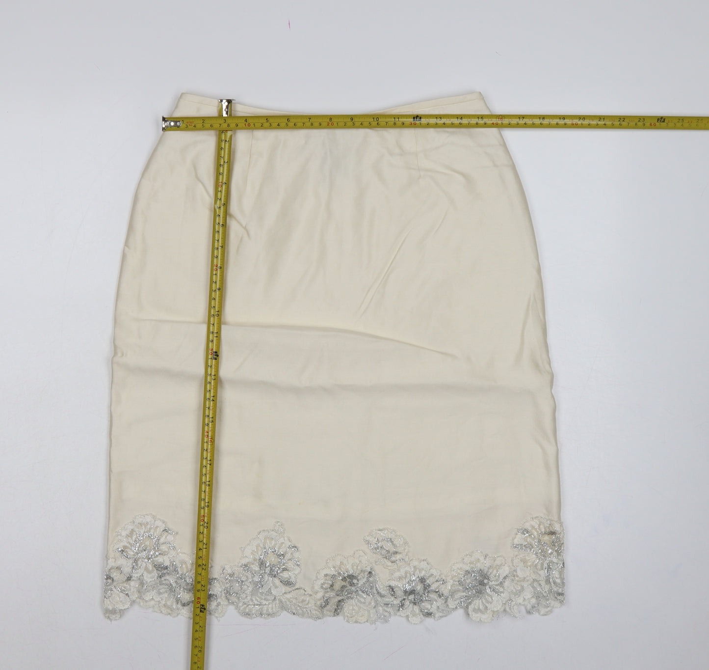 Albert Nipon Women Ivory UK 10 Straight Pencil Beaded Floral Skirt