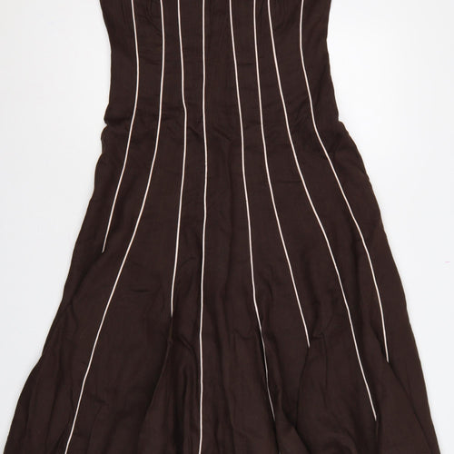 Fenn Wright Manson Women Brown Linen Stripe Fit & Flare Long Dress UK 12