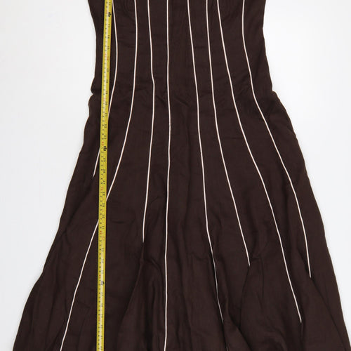 Fenn Wright Manson Women Brown Linen Stripe Fit & Flare Long Dress UK 12