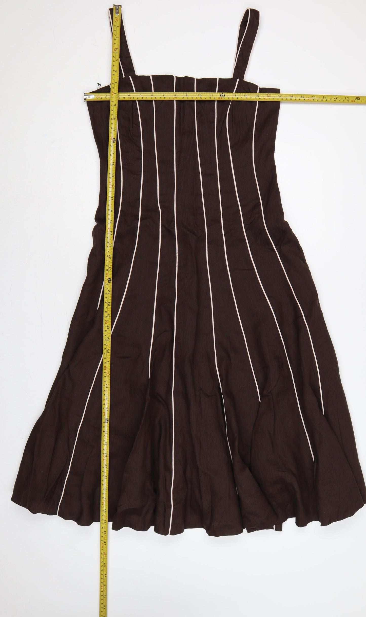 Fenn Wright Manson Women Brown Linen Stripe Fit & Flare Long Dress UK 12