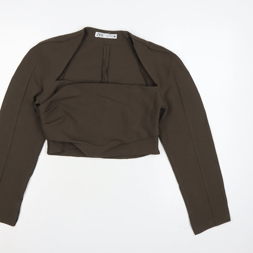 Zara Women Brown M Cropped Long Sleeve Draped Blouse