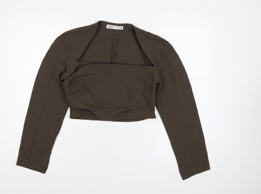 Zara Women Brown M Cropped Long Sleeve Draped Blouse