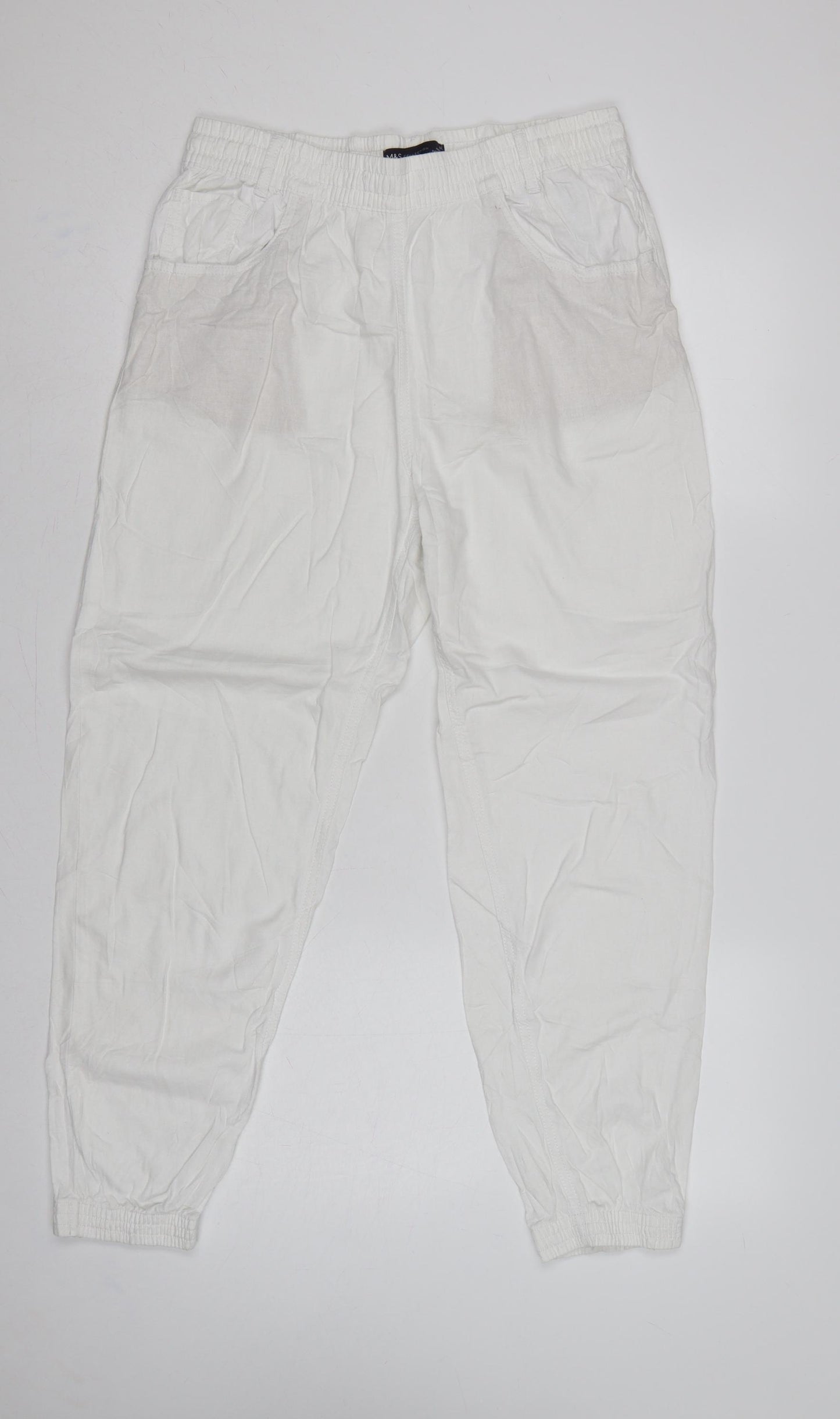 Marks & Spencer Women White Size 12 Linen Blend Jogger Trousers