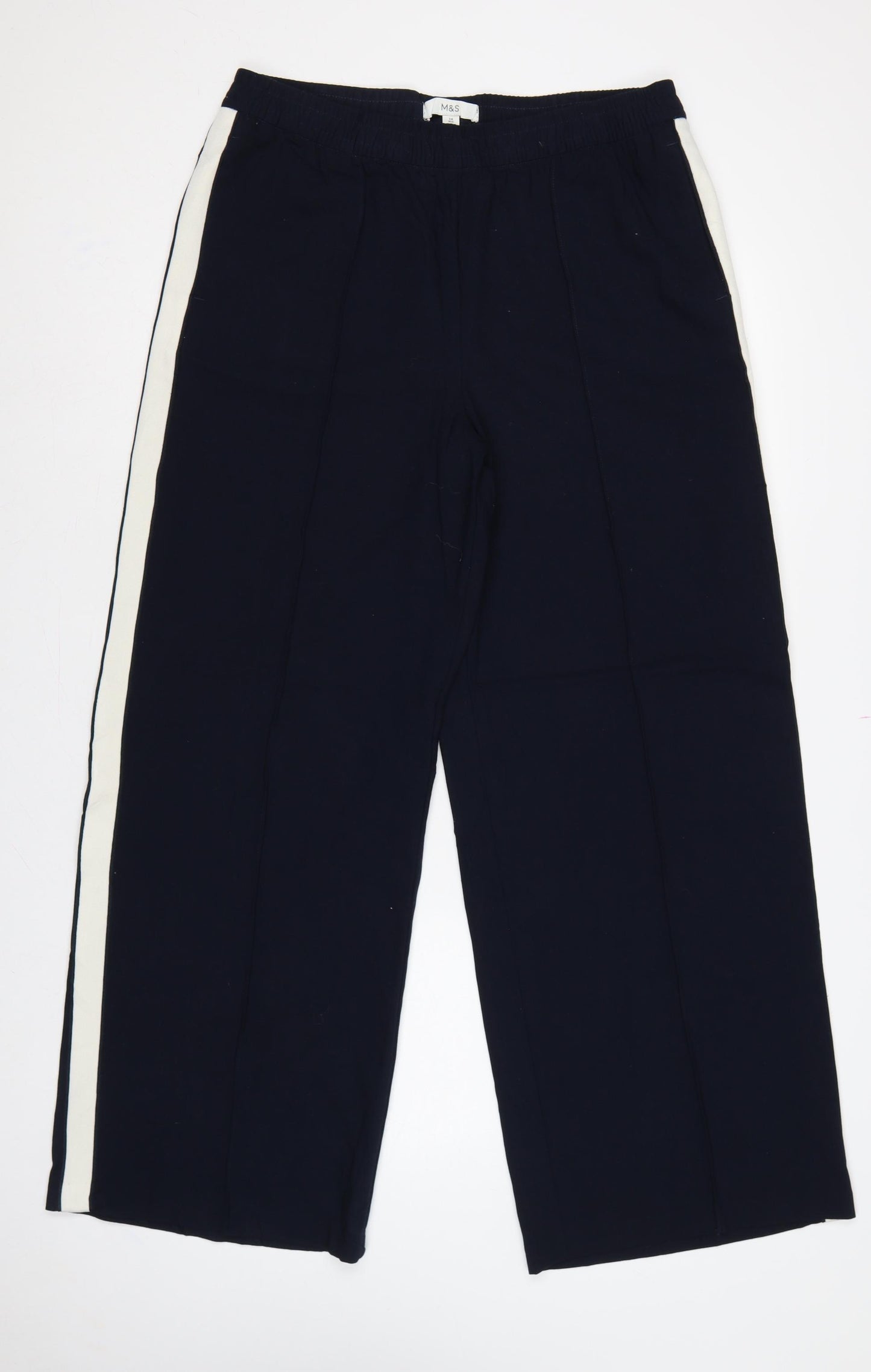M&S Womens Blue UK 14 Wide Leg Elastic Waist Stripe Trousers