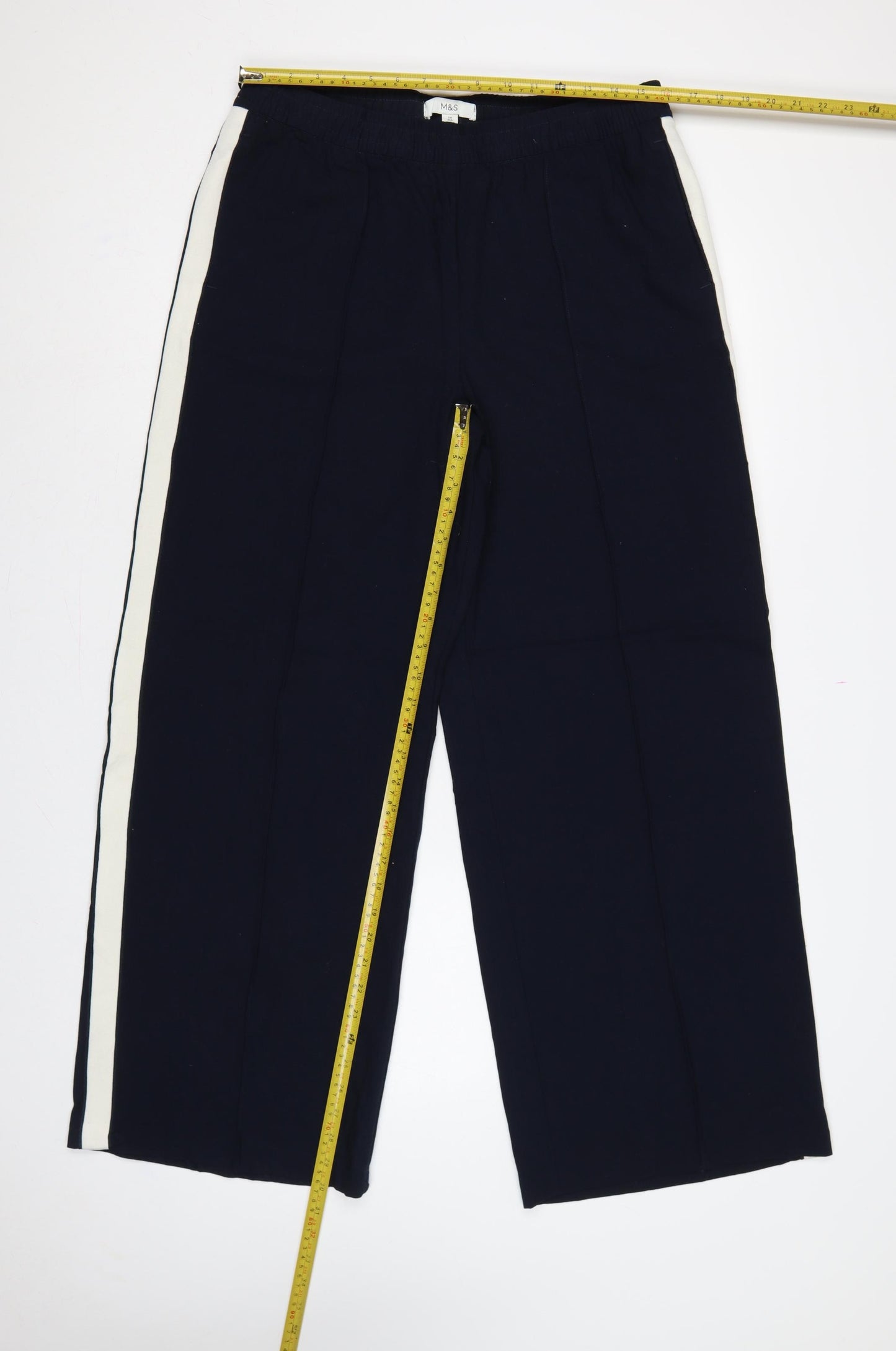 M&S Womens Blue UK 14 Wide Leg Elastic Waist Stripe Trousers