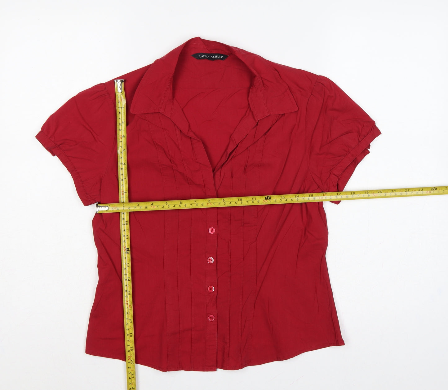 Laura Ashley Women Red UK 12 Collared Button-Up Short Sleeve Blouse