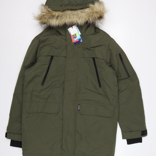 Pull&Bear Men’s Green S Hooded Faux Fur Trim Insulated Parka Coat