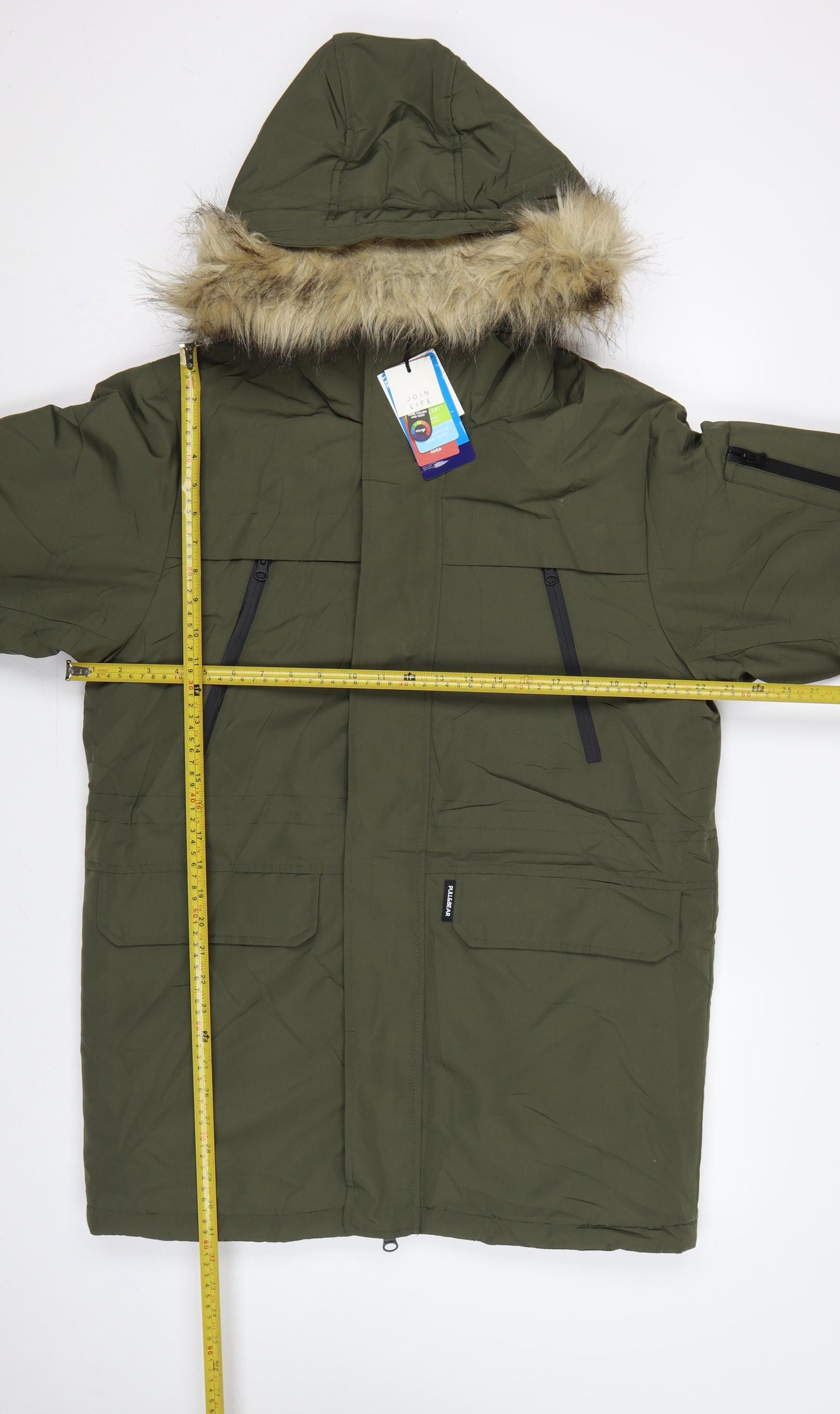 Pull&Bear Men’s Green S Hooded Faux Fur Trim Insulated Parka Coat