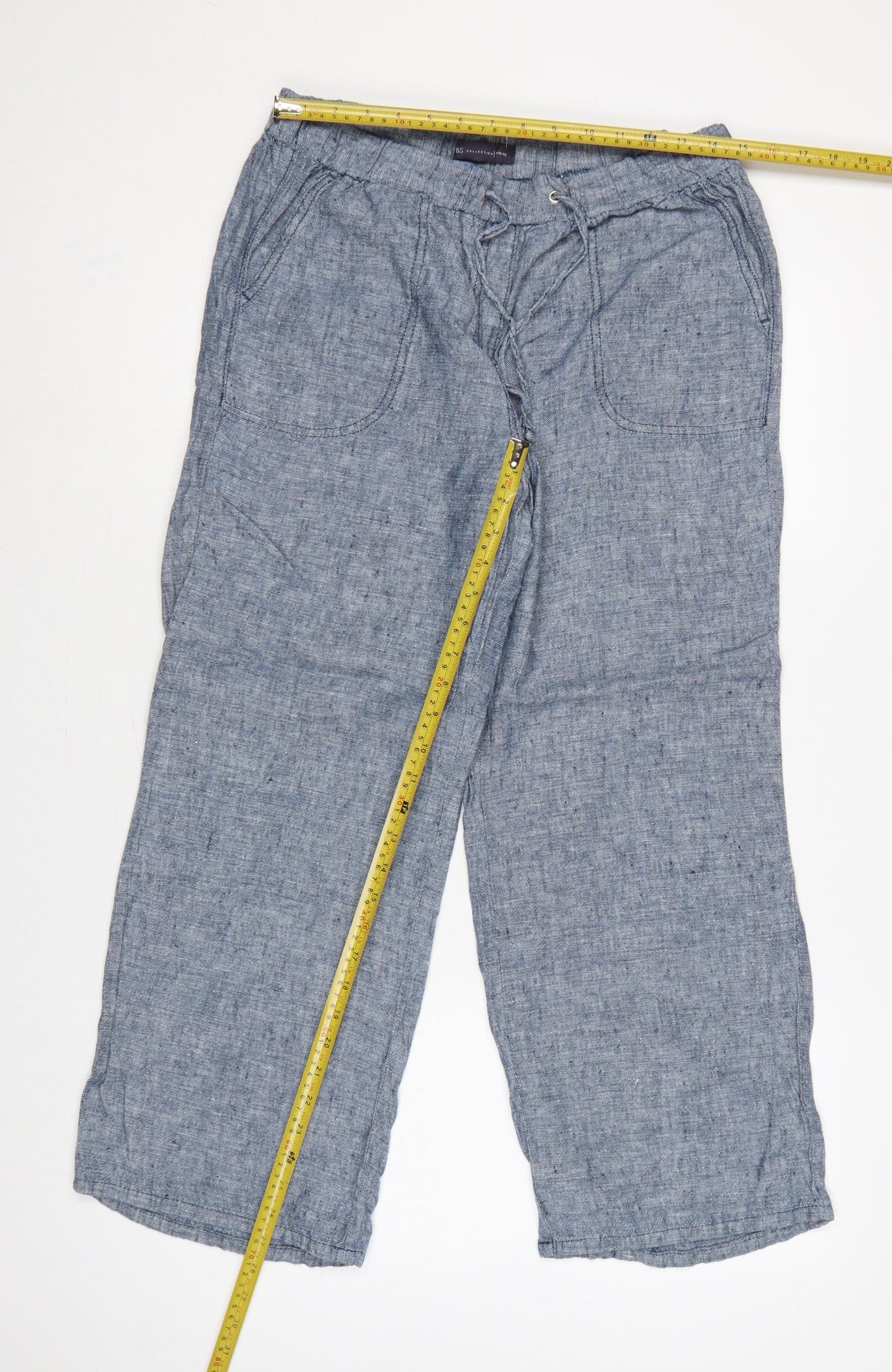Marks and Spencer Women Blue UK 12 Short Linen Drawstring Trousers