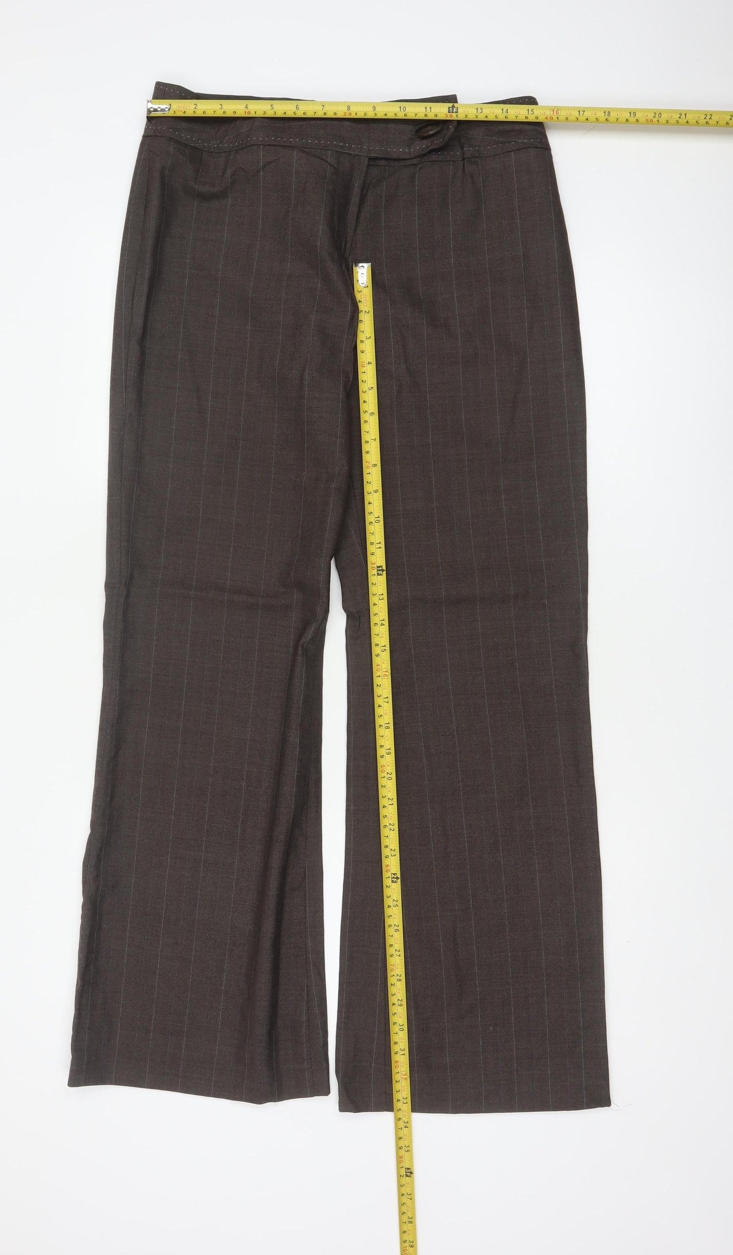 Next Women’s Brown Pure Wool Pinstripe Flared Dress Trousers UK 12 Petite