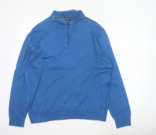 Marks & Spencer Men's Blue L 1/4 Zip Cotton Rich Knit Jumper