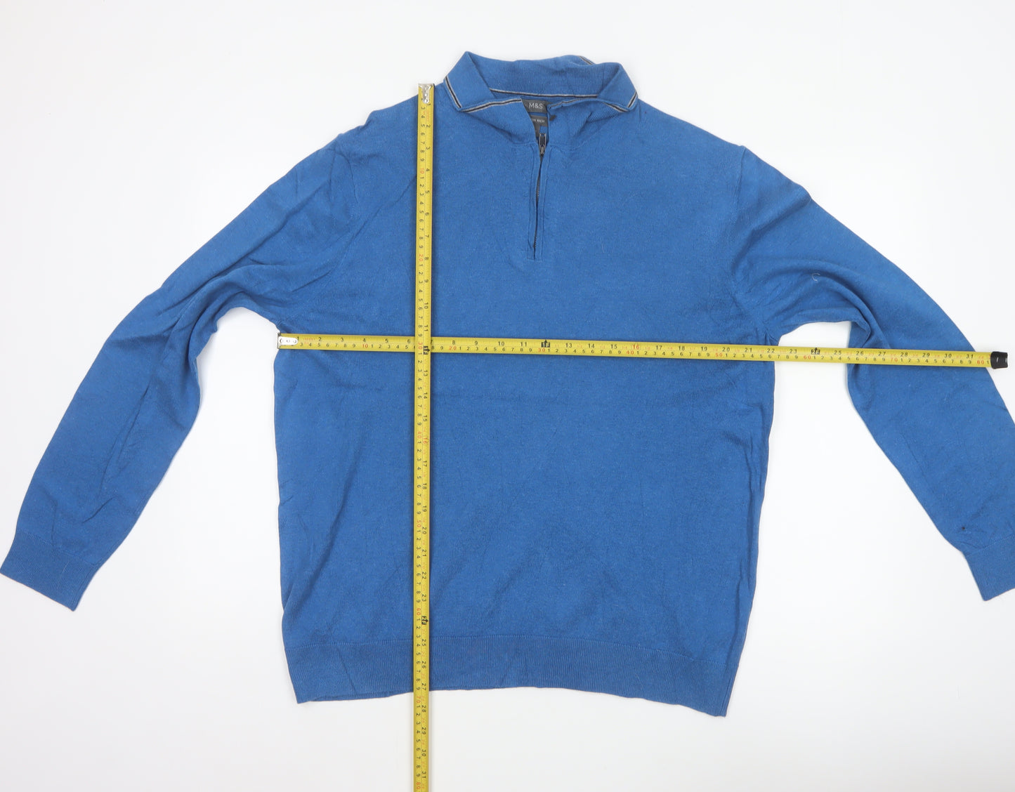 Marks & Spencer Men's Blue L 1/4 Zip Cotton Rich Knit Jumper