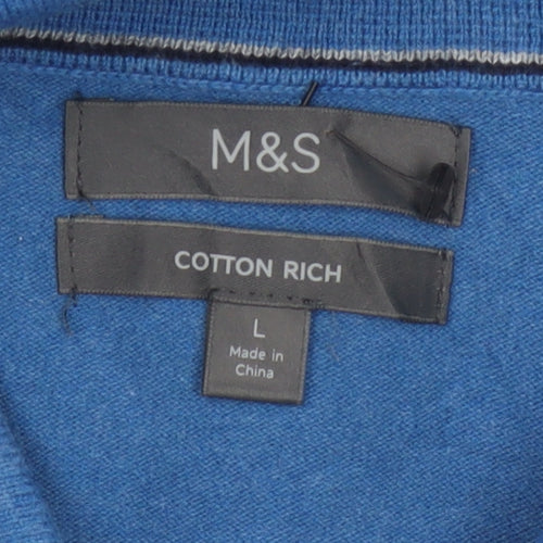 Marks & Spencer Men's Blue L 1/4 Zip Cotton Rich Knit Jumper