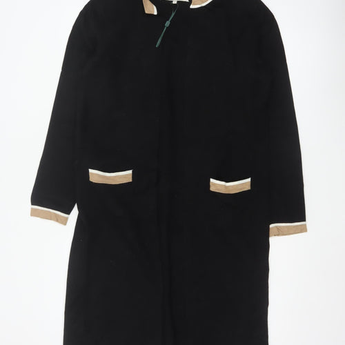 Hobbs Women Black S Long Open Knit Cardigan Collared Pocket Contrast Trim