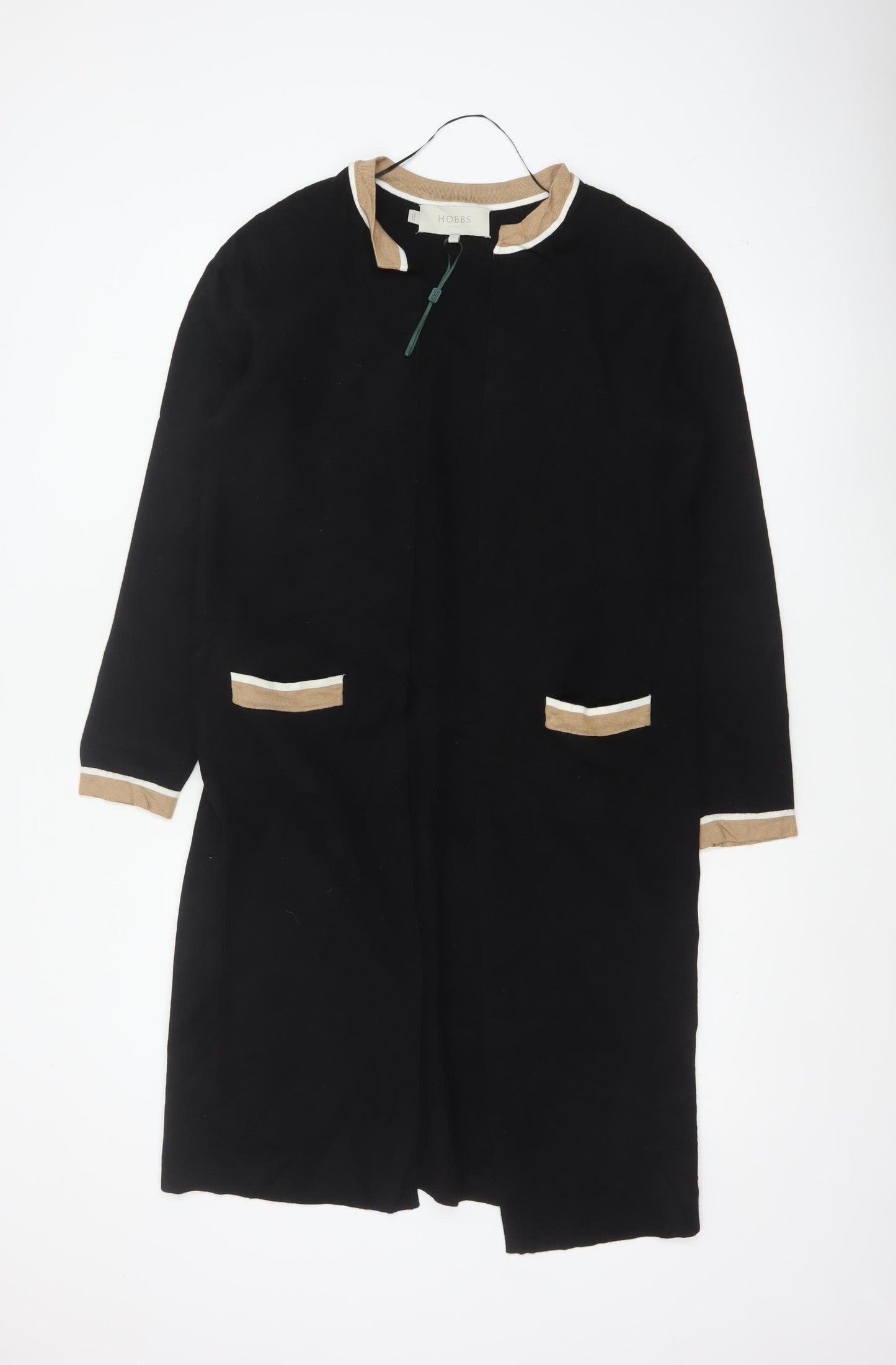 Hobbs Women Black S Long Open Knit Cardigan Collared Pocket Contrast Trim