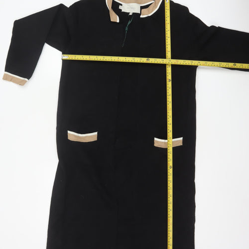Hobbs Women Black S Long Open Knit Cardigan Collared Pocket Contrast Trim