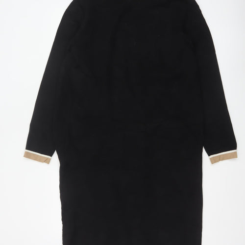 Hobbs Women Black S Long Open Knit Cardigan Collared Pocket Contrast Trim