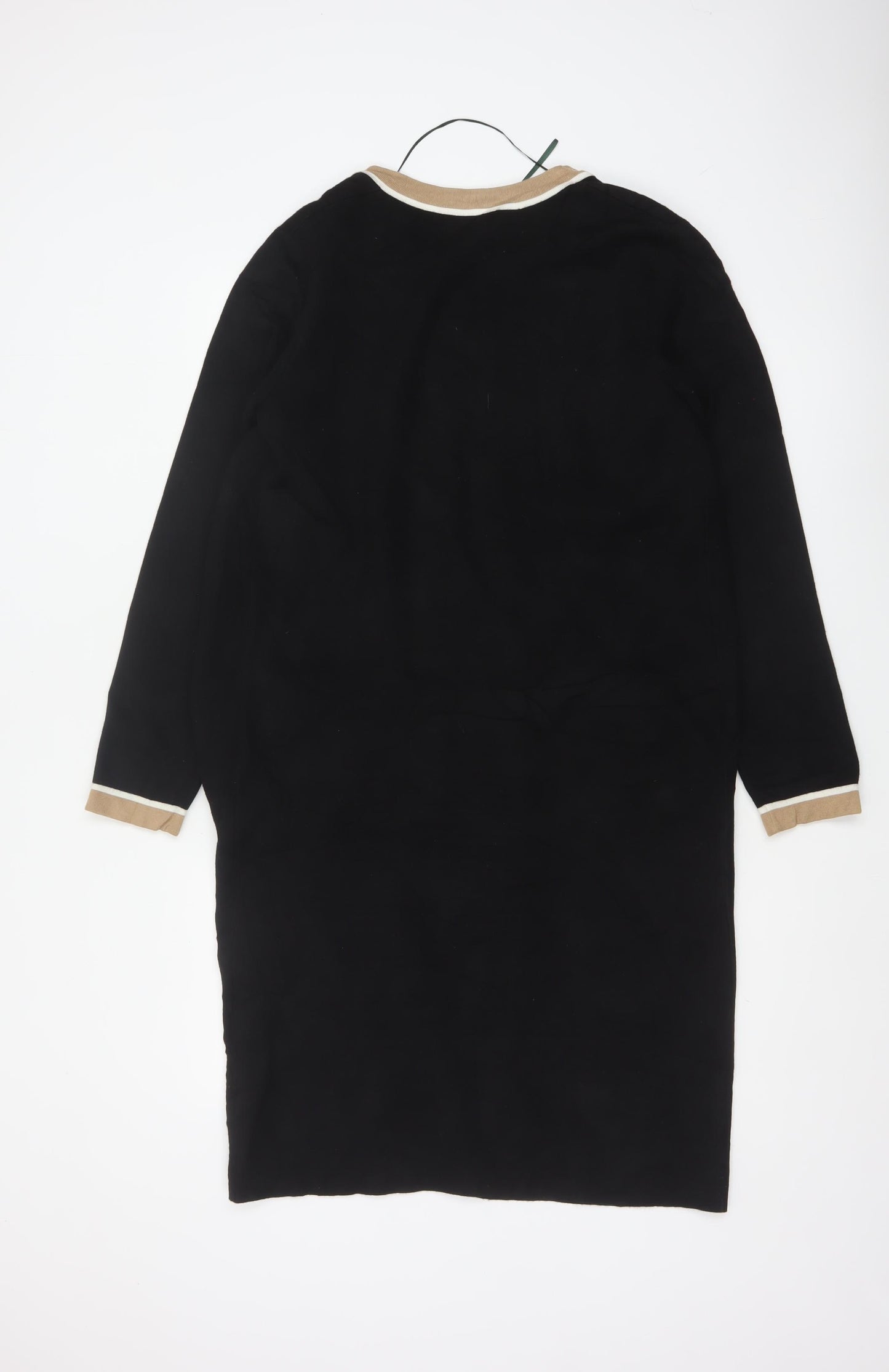 Hobbs Women Black S Long Open Knit Cardigan Collared Pocket Contrast Trim
