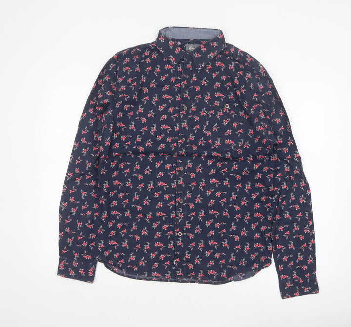 linea Women’s Blue Floral Cotton Tailored Fit Button-Up Shirt M
