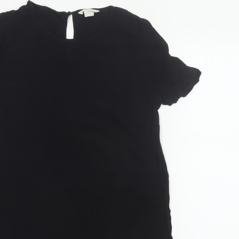 H&M Women Black UK 10 Tunic Blouse High Neck Flutter Sleeve