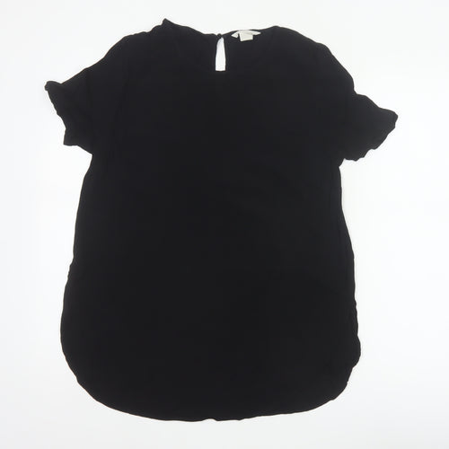 H&M Women Black UK 10 Tunic Blouse High Neck Flutter Sleeve