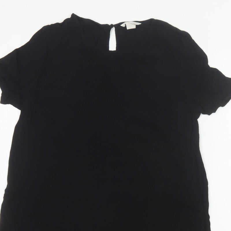 H&M Women Black UK 10 Tunic Blouse High Neck Flutter Sleeve
