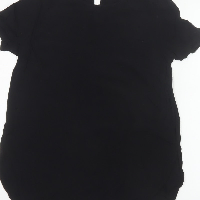 H&M Women Black UK 10 Tunic Blouse High Neck Flutter Sleeve