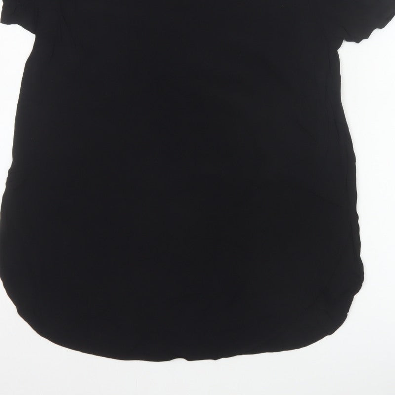 H&M Women Black UK 10 Tunic Blouse High Neck Flutter Sleeve