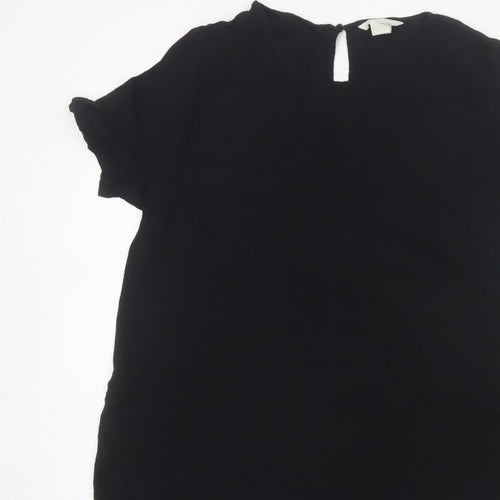 H&M Women Black UK 10 Tunic Blouse High Neck Flutter Sleeve