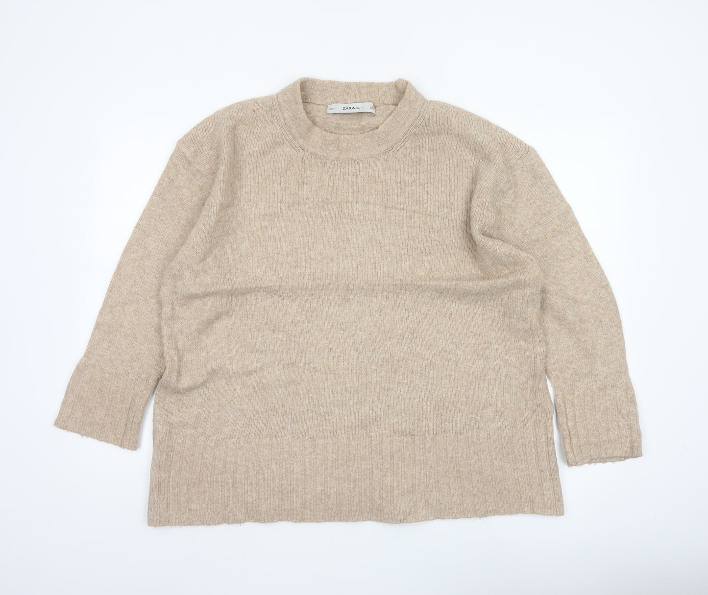 Zara Women Beige M Knit Relaxed Raglan Sleeve Pullover Jumper