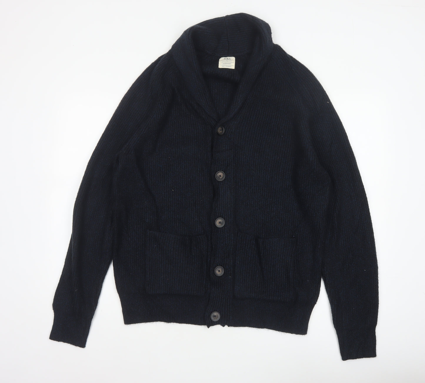 Marks and Spencer Men Blue L Chunky Knit Button Cardigan Pockets