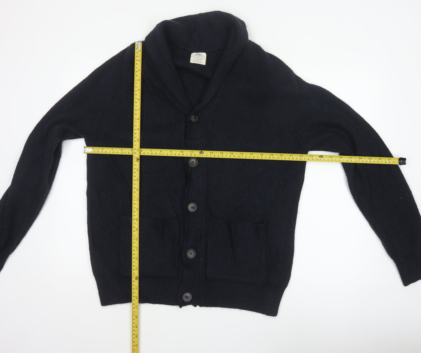 Marks and Spencer Men Blue L Chunky Knit Button Cardigan Pockets