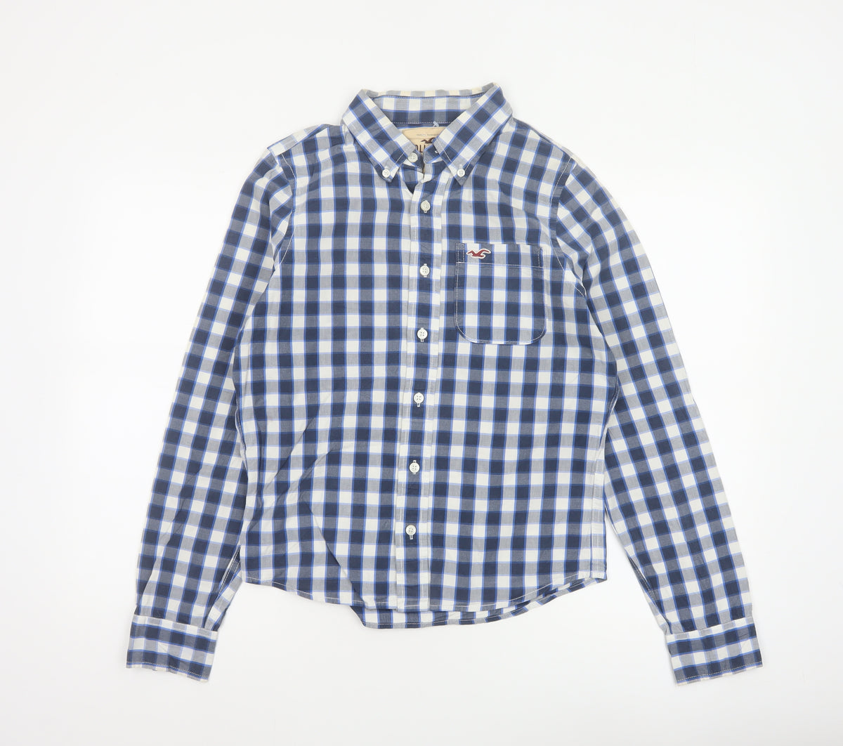 Back view of Hollister Teens Blue Check S Button-Up Long Sleeve Shirt