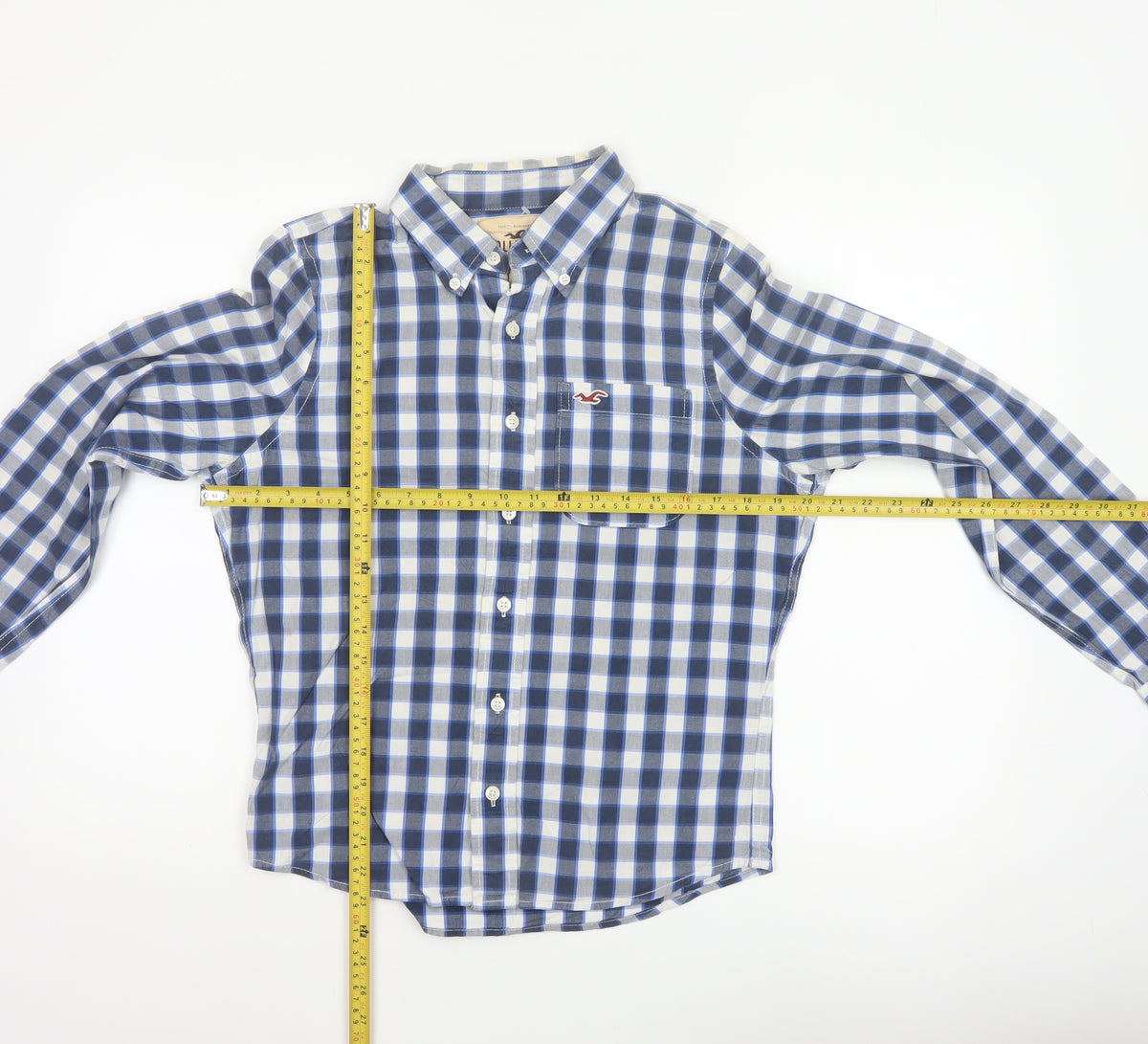 Close-up detail of Hollister Teens Blue Check S Button-Up Long Sleeve Shirt